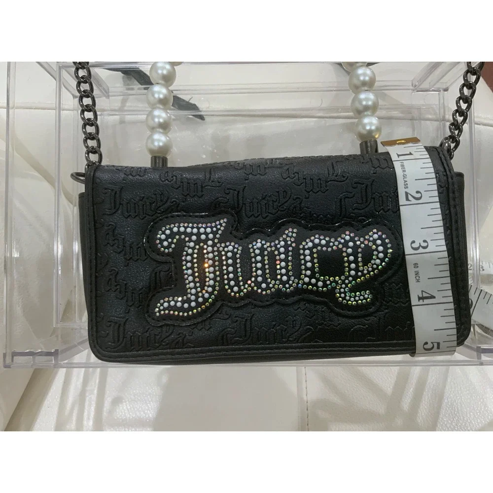 Juicy Couture Black Embossed Pearl Handle Rhinestone Logo Crossbody Bag Wallet